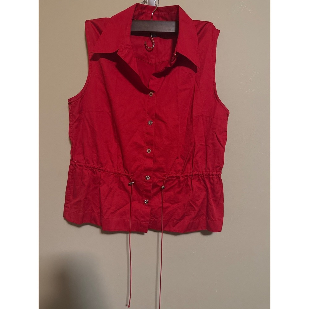 JNY Signature Red Sleeveless Button Down Drawstring Waist Top Sz M Beach preppy